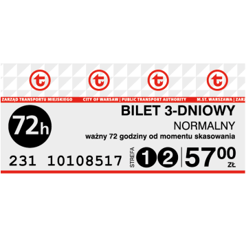 Bilet ZTM 3-dniowy Normalny strefa 1+2(57,00)10szt