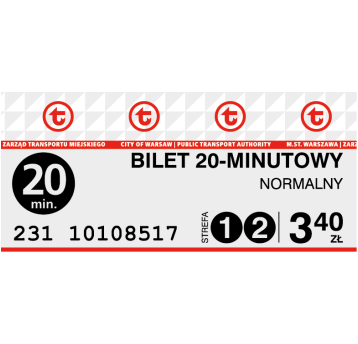 Bilety ZTM 20-minutowy Normalny 1+2 (3,40) 10szt