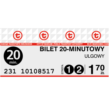 Bilety ZTM 20-minutowy ulgowy 1+2 (1,70) 10szt