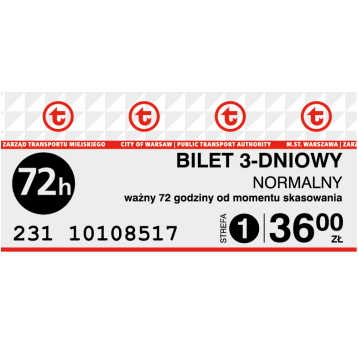 Bilety ZTM 3-dniowy Normalny strefa 1 (36,00)10szt