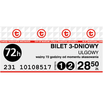 Bilety ZTM 3-dniowy Ulgowy strefa 1+2 (28,50)10szt