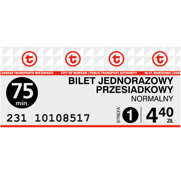 Bilety ZTM 75-minutowy Normalny strefa1(4,40)10szt