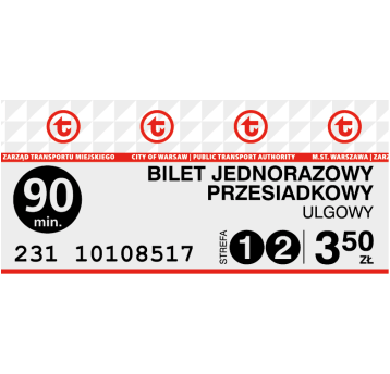 Bilety ZTM 75-minutowy strefa 1+2 (3,50) 10szt
