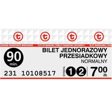 Bilety ZTM 75-minutowy strefa 1+2 (7,00) 10szt