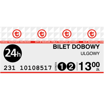 Bilety ZTM Dobowy Ulgowy strefa 1+2 (13,00) 10szt
