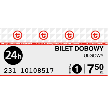Bilety ZTM Dobowy Ulgowy strefa 1 (7,50) 10szt