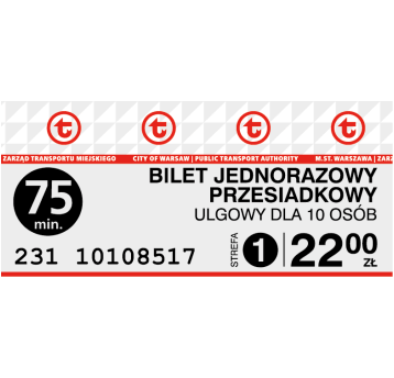 Bilety ZTM Jedn. Ulg. 75-minut dla 10os. (22,00)