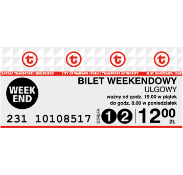 Bilety ZTM Weekendowy Ulgowy 1+2 (12,00) 10szt